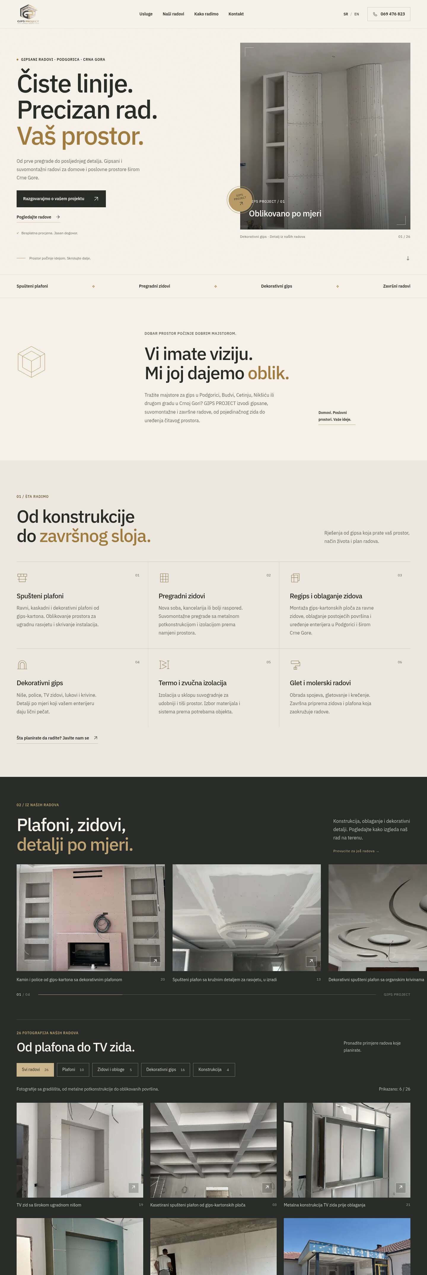 The GIPS PROJECT homepage with the headline “Čiste linije. Precizan rad. Vaš prostor.” and a photo of curved drywall