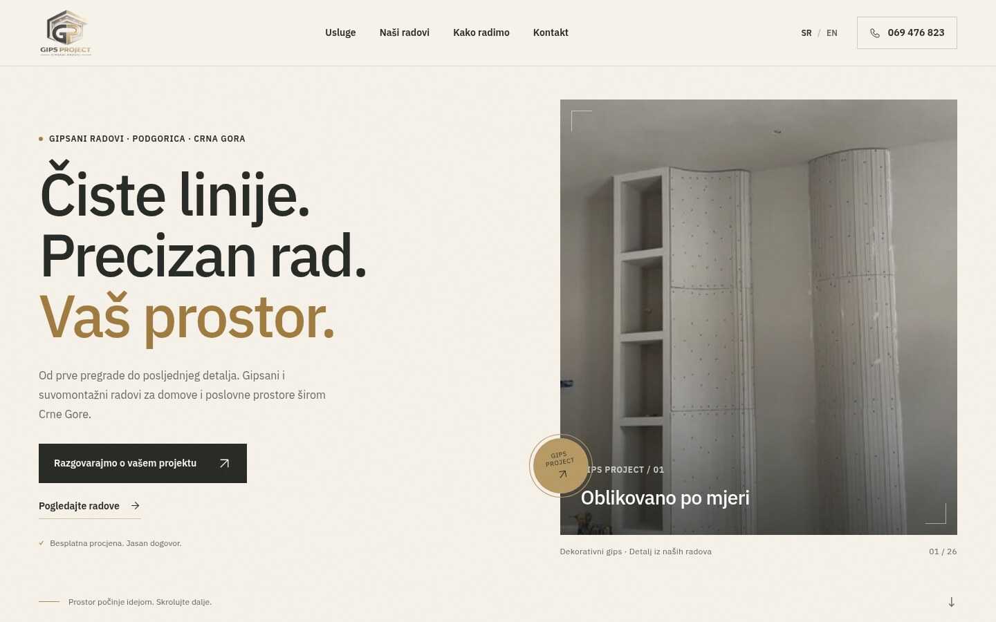 The GIPS PROJECT homepage with the headline “Čiste linije. Precizan rad. Vaš prostor.” and a photo of curved drywall