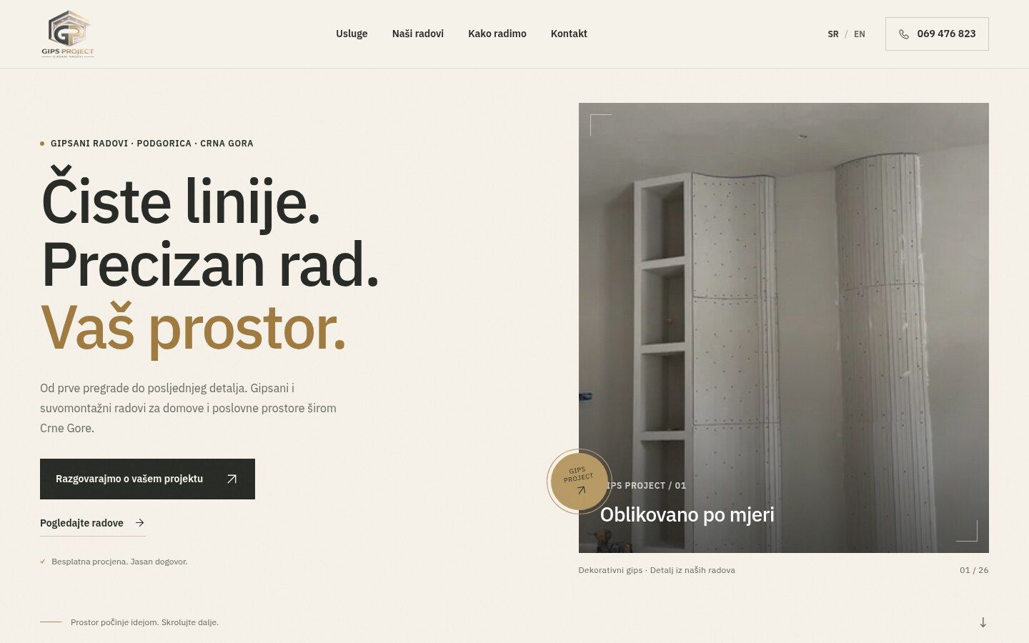 The GIPS PROJECT homepage with the headline “Čiste linije. Precizan rad. Vaš prostor.” and a photo of curved drywall