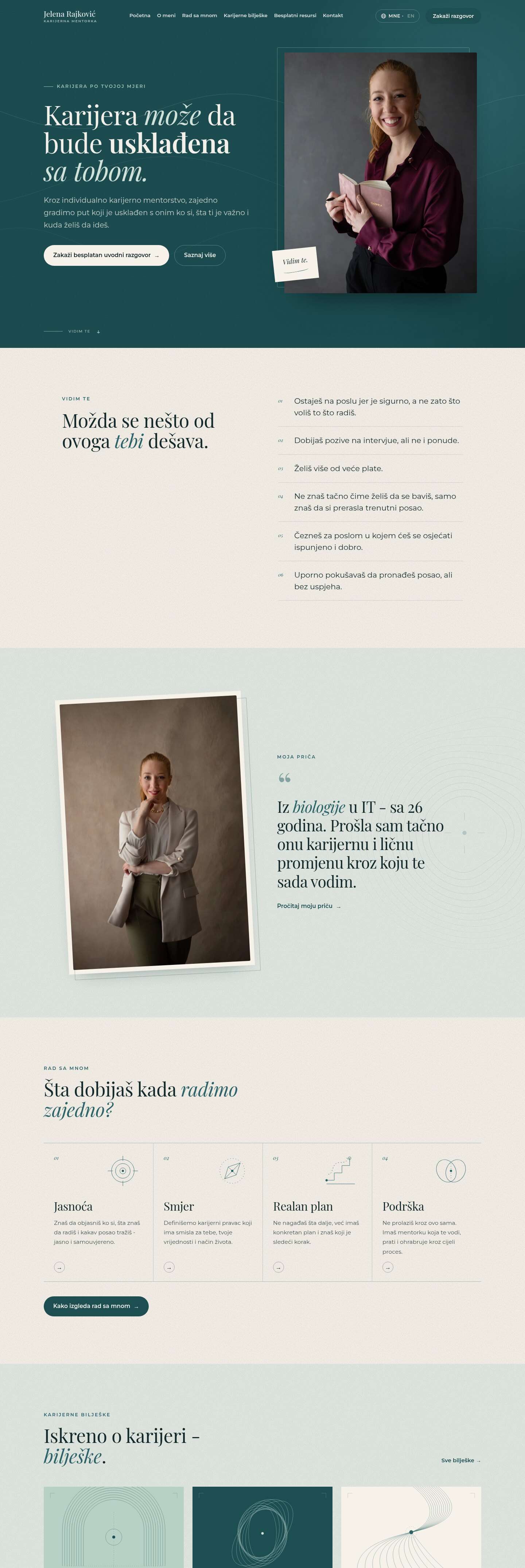 The homepage of jelena.rajkovic.coach, with a deep teal hero and a portrait of Jelena holding a notebook