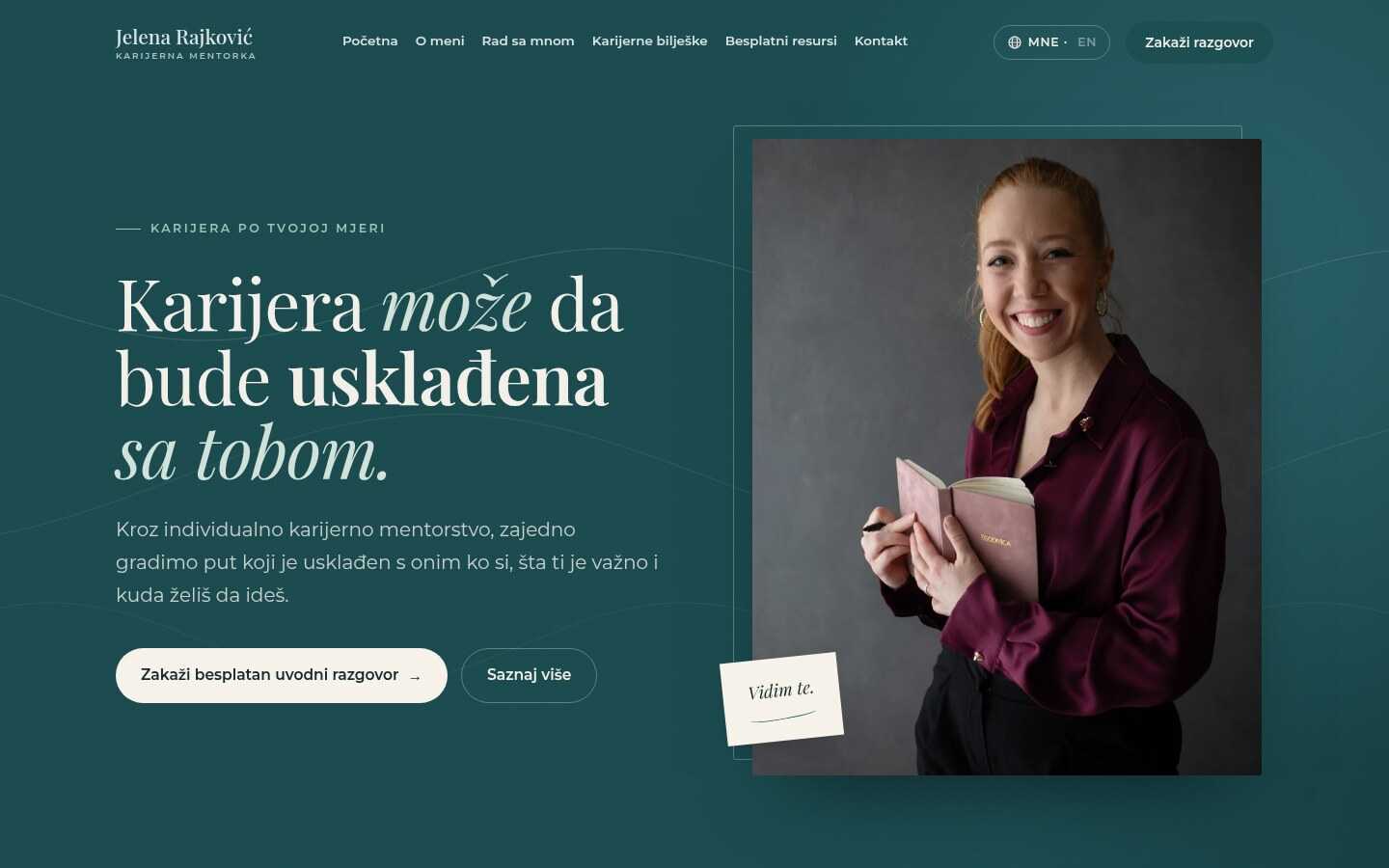 The homepage of jelena.rajkovic.coach, with a deep teal hero and a portrait of Jelena holding a notebook