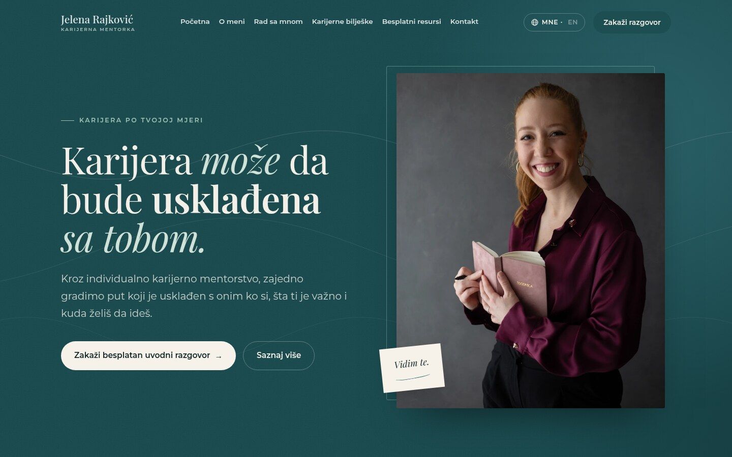 The homepage of jelena.rajkovic.coach, with a deep teal hero and a portrait of Jelena holding a notebook