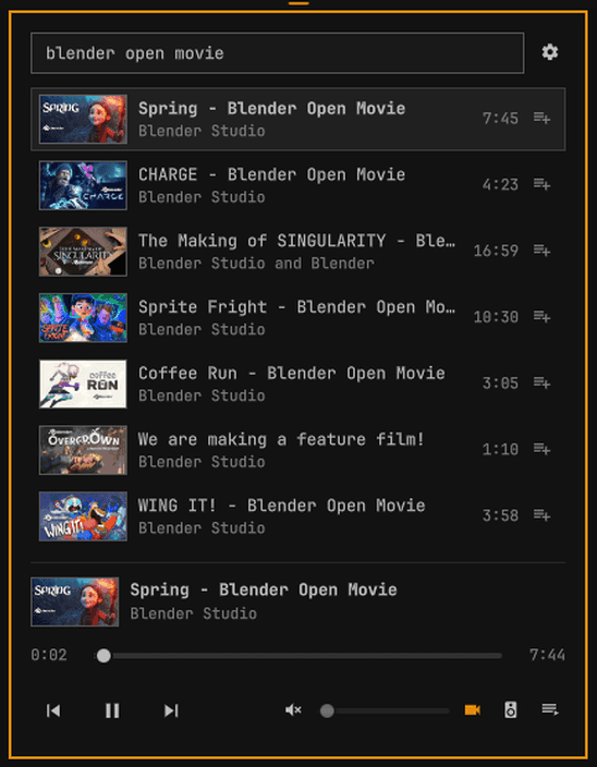 OmaJuke's panel open in the Omarchy bar showing YouTube search results and a playing track