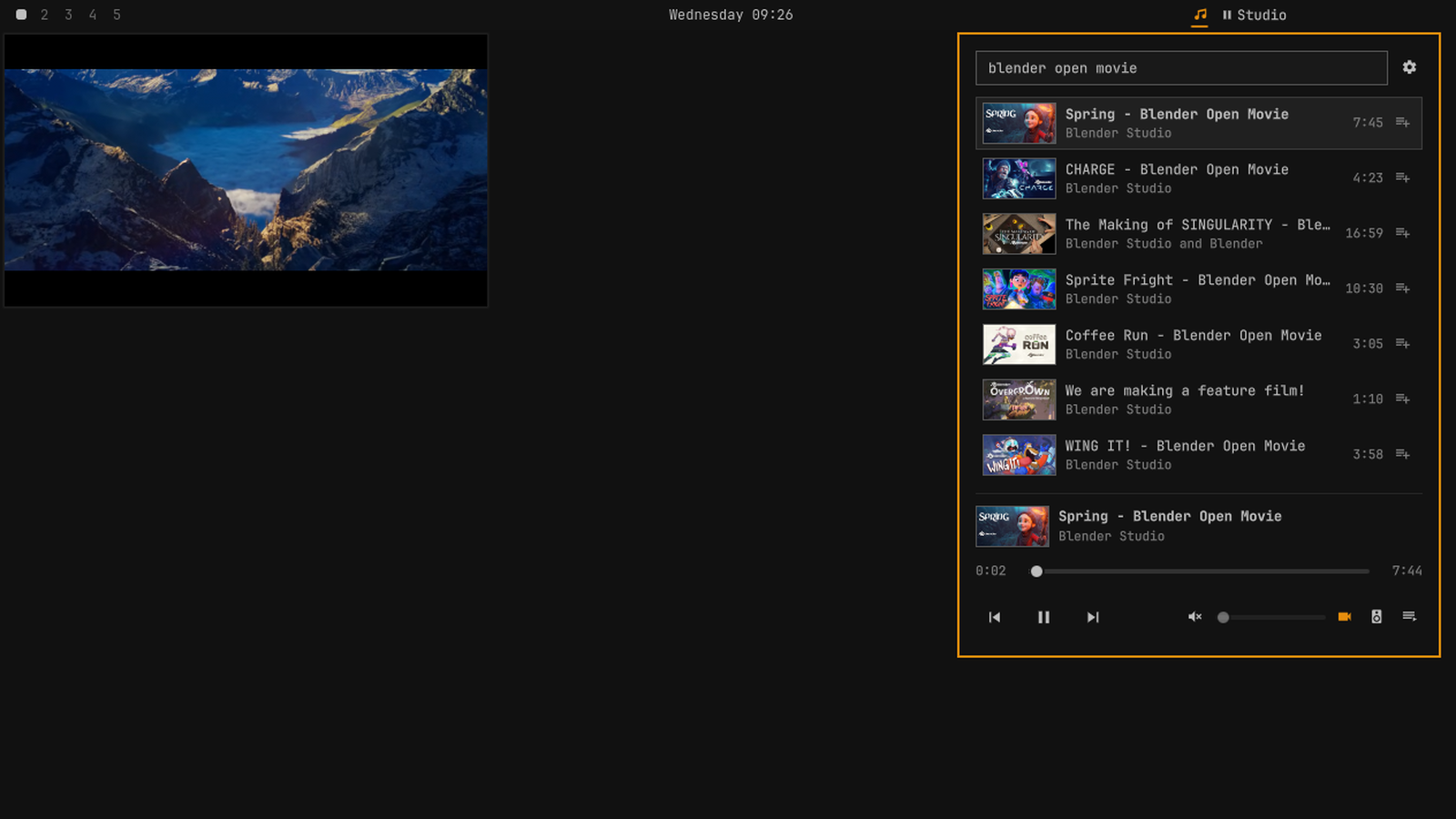 OmaJuke's panel open in the Omarchy bar showing YouTube search results and a playing track