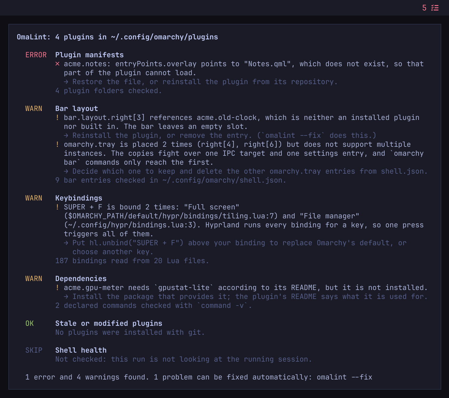 OmaLint's report listing an error and warnings for plugin manifests, bar layout, keybindings and dependencies