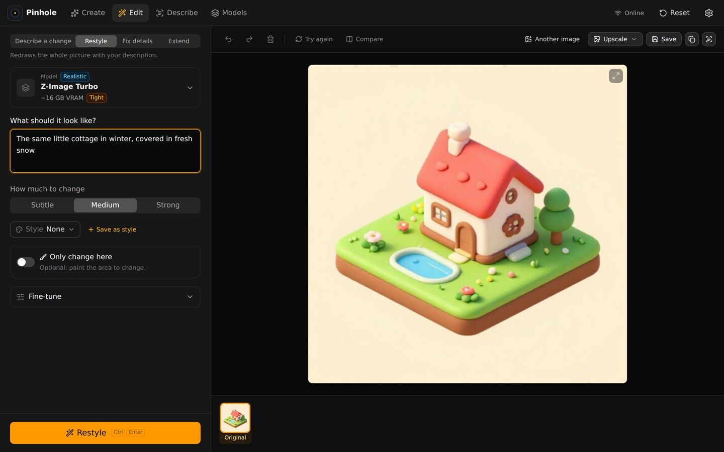 Pinhole's Edit tab restyling an existing image
