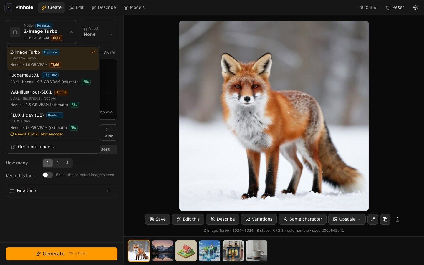 Pinhole's model browser recommending models that fit the detected GPU