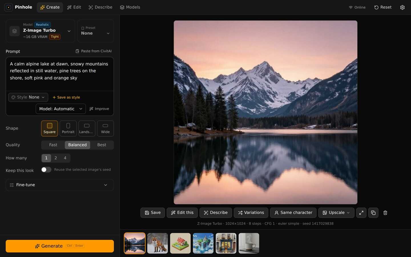 Pinhole's Create tab with a prompt for an alpine lake at dawn and the generated image beside it