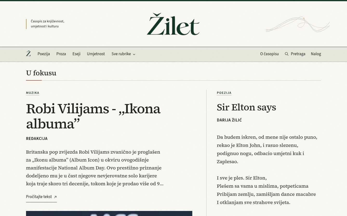 The Žilet homepage with its serif wordmark, section navigation and a featured music article and poem