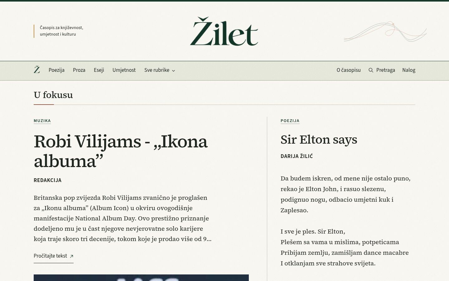 The Žilet homepage with its serif wordmark, section navigation and a featured music article and poem